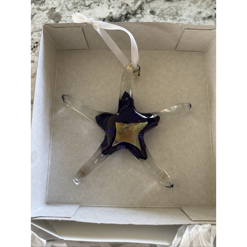 Luke Adams Hand Blown Glass Star Sun Catcher Blue Purple Gold Ornament 5”